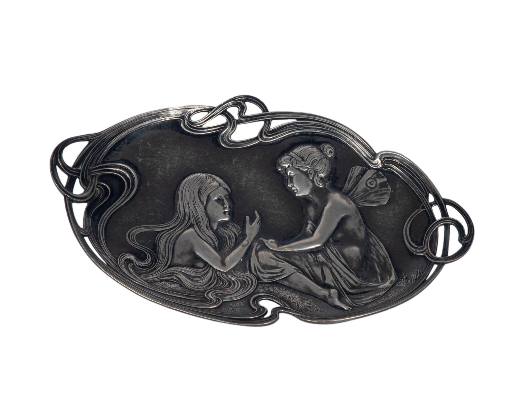 Silver-plated tray depicting two people.
